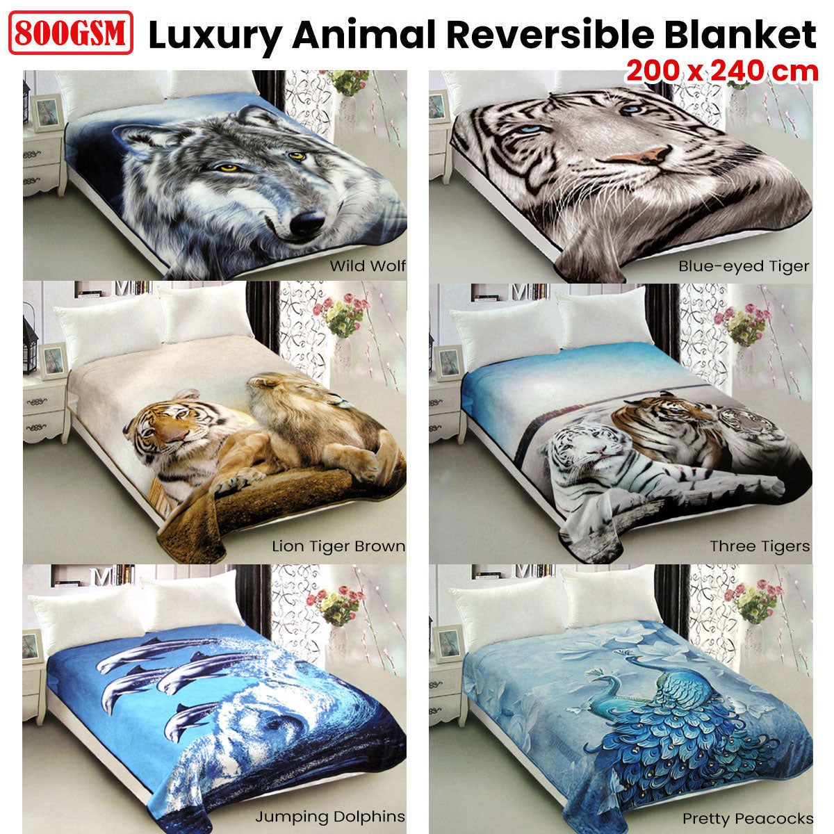 800GSM Luxury Reversible Animal Pattern Mink Blanket Queen 200 x 240 cm Jumping Dolphins