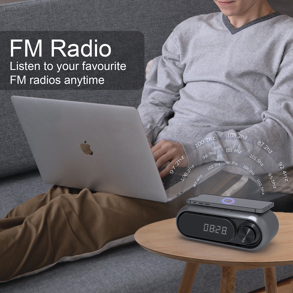 Bluetooth Speaker with 15W Wireless Charger Digital Alarm Clocks FM Radio Music Player (Grey)