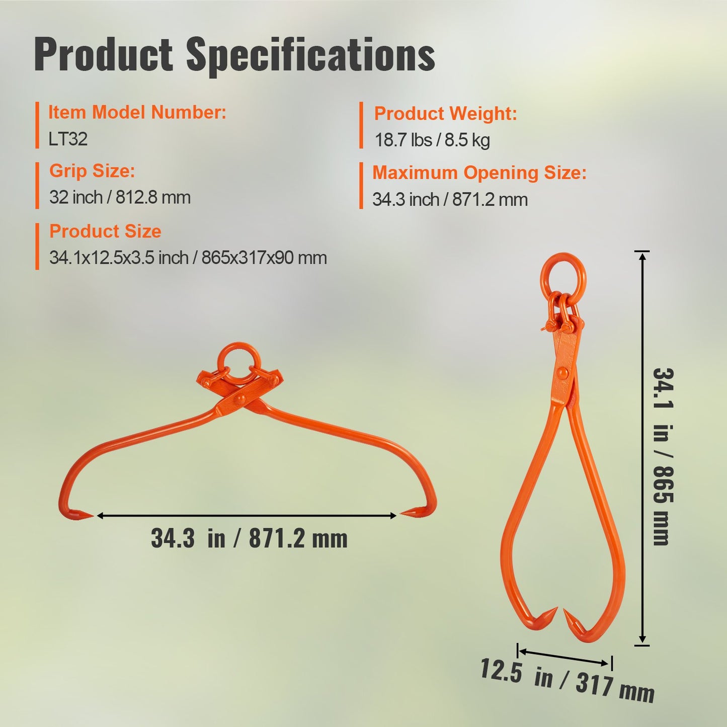 VEVOR Log Skidding Tongs, 81.3cm 2 Claw Log Lifting Tongs, Heavy Duty Steel Lumber Skidding Tongs, 700 kg Loading Capacity, Log Lifting, Handling, Dragging & Carrying Tool